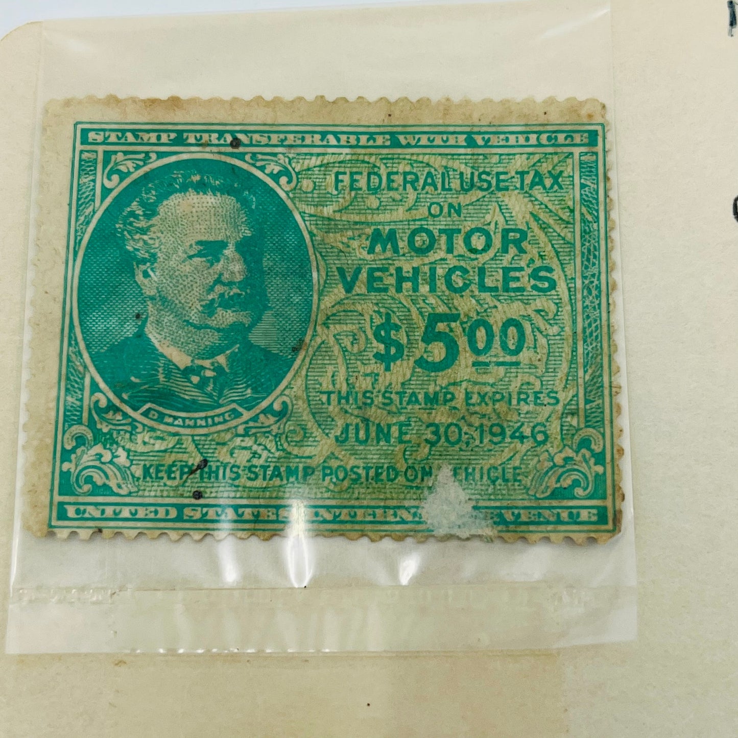 1946 US Motor Vehicle Revenue Federal Use Tax Stamp 5 Dollars D Manning AH9-M9