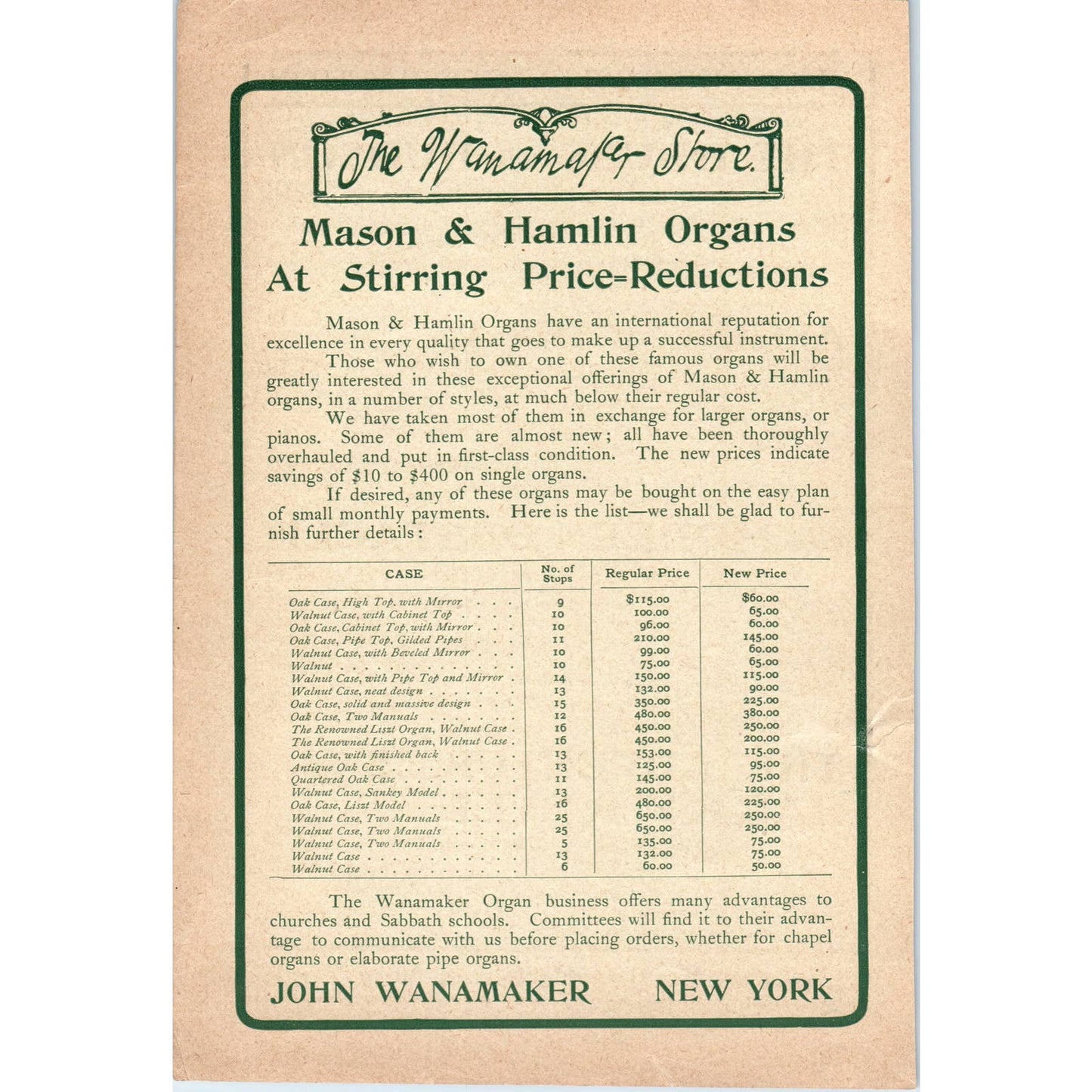 Mason & Hamlin Organs John Wanamaker NY - 1903 Original Ad TJ7-L