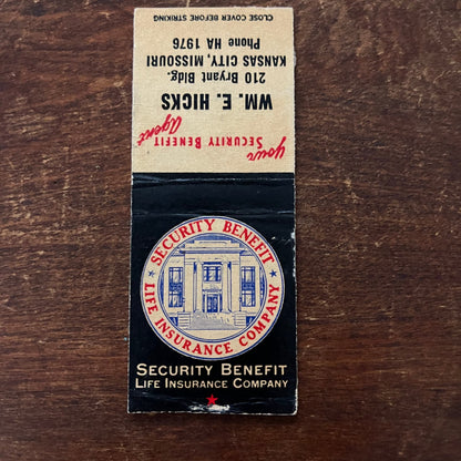 William E. Hicks Ins. Kansas City MO Advertising Matchbook Cover SB3-M2