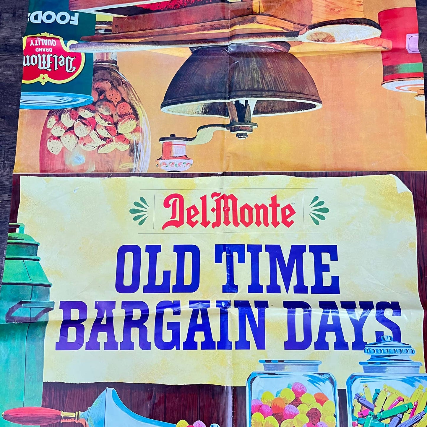 1960s HUGE Fold Out Sign Poster Del Monte “Old Time Bargain Days”  50x37 FL1