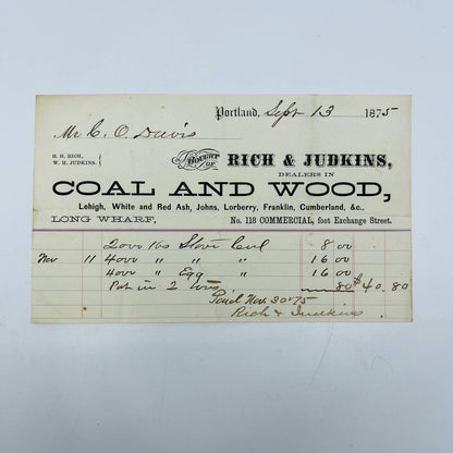 1875 Rich & Judkins Coal and Wood Portland ME Letterhead Billhead AA5