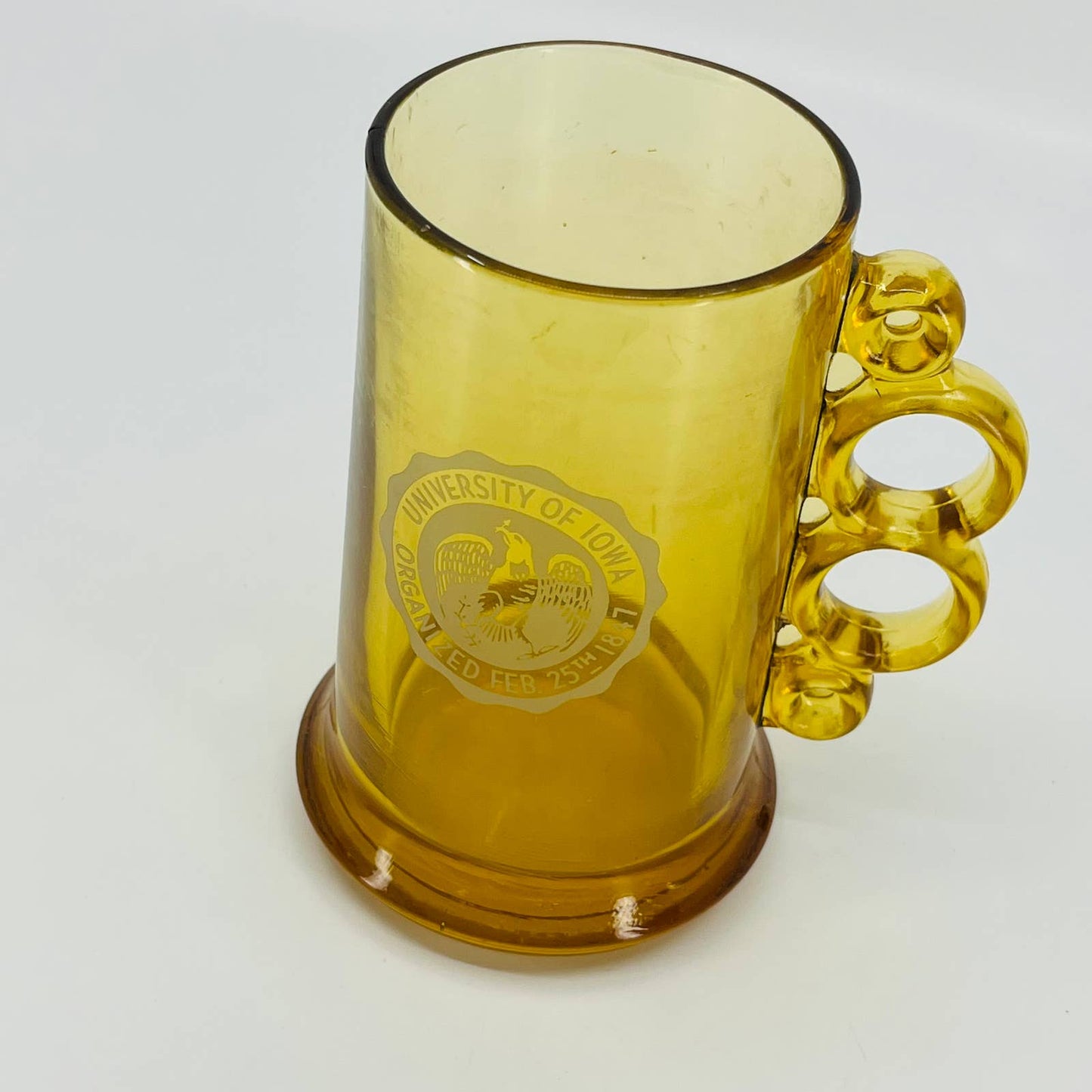 1960s University of Iowa Hawkeyes Amber Glass Mug Stein Knucklebuster TB7