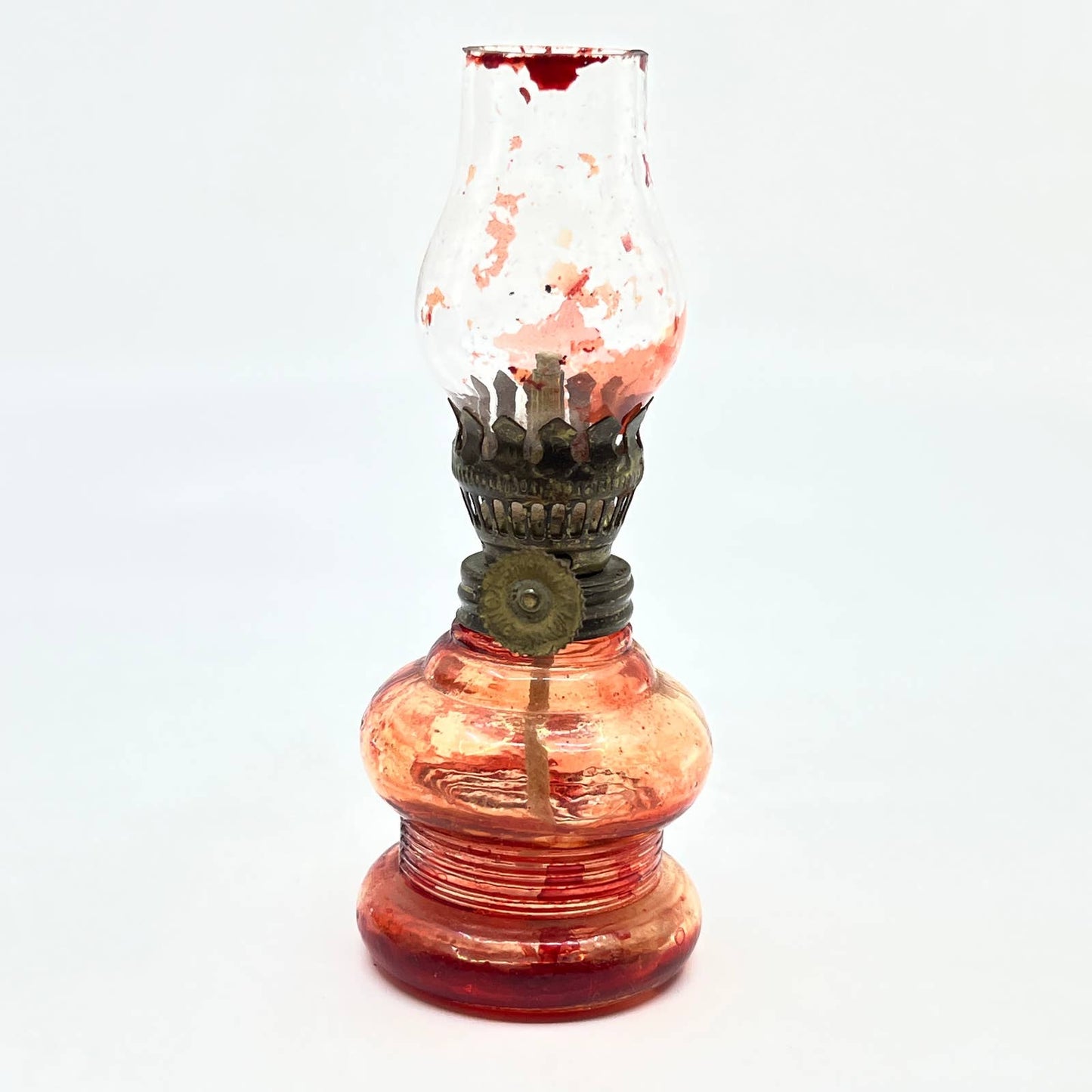 Vintage Mini Red and Clear Glass Kerosene Oil Lamp 4.5" TC7