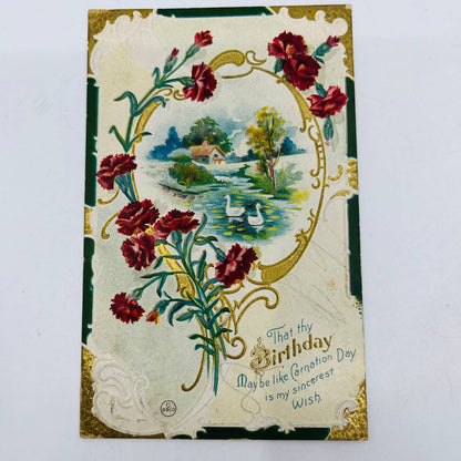 1910s Birthday Post Card Embossed Dresden Swans Red Chrysanthemums PA5