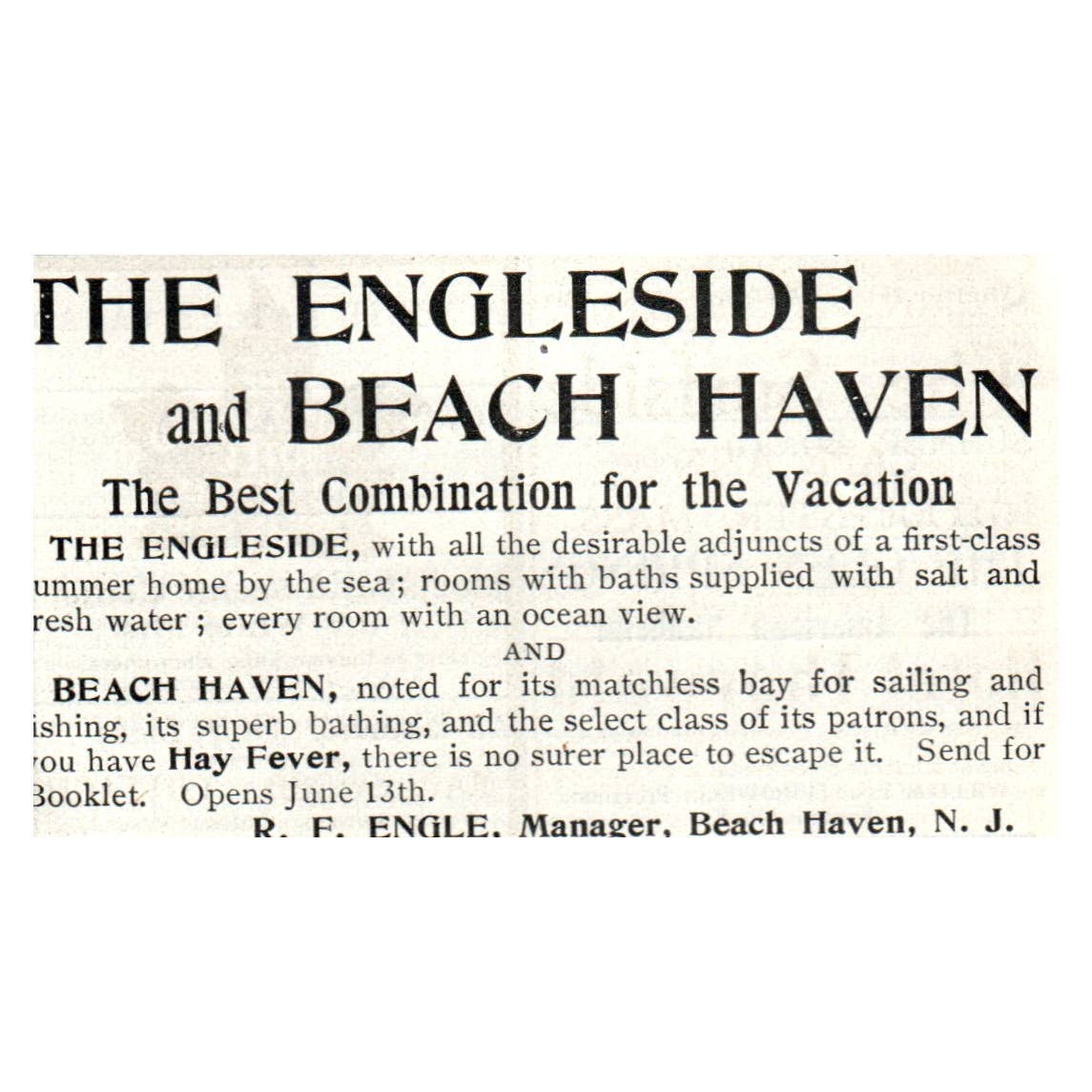The Engleside and Beach Haven R.F. Engle NJ - 1903 Original Ad TJ7-S