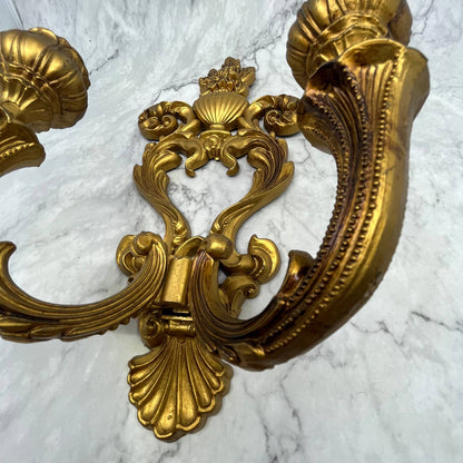 Vintage Gothic Brass Tone Cast Resin 2 Arm Wall Mount Candelabra Sconce 13" TI7