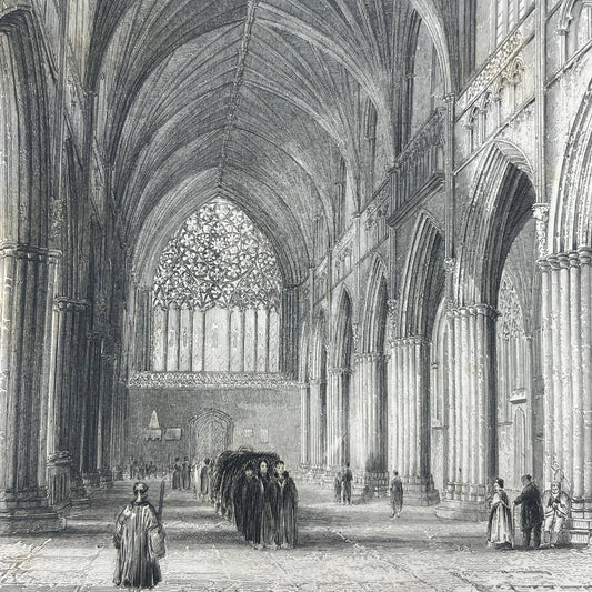 1836 Original Art Engraving Exeter Cathedral The Nave Looking West AC4