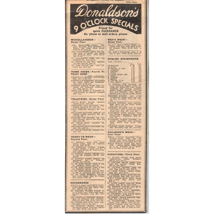 1935 Mpls Newspaper Ad Donaldson's Department Stores 9 O'Clock Specials FL5-3