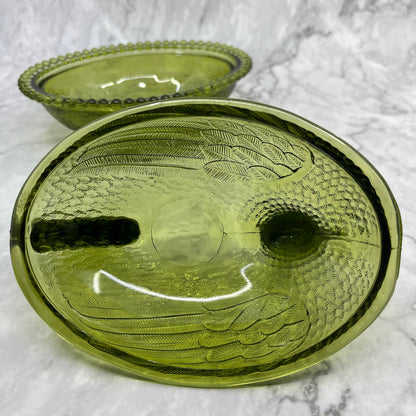 Vintage Nesting Hen Green Avocado Indiana Glass Hen on Nest Candy Dish ~7x5" TE2