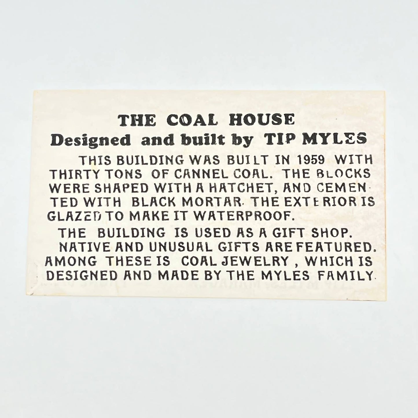 1959 Business Card - The Coal House White Sulphur Springs WV Tip Myles AB6