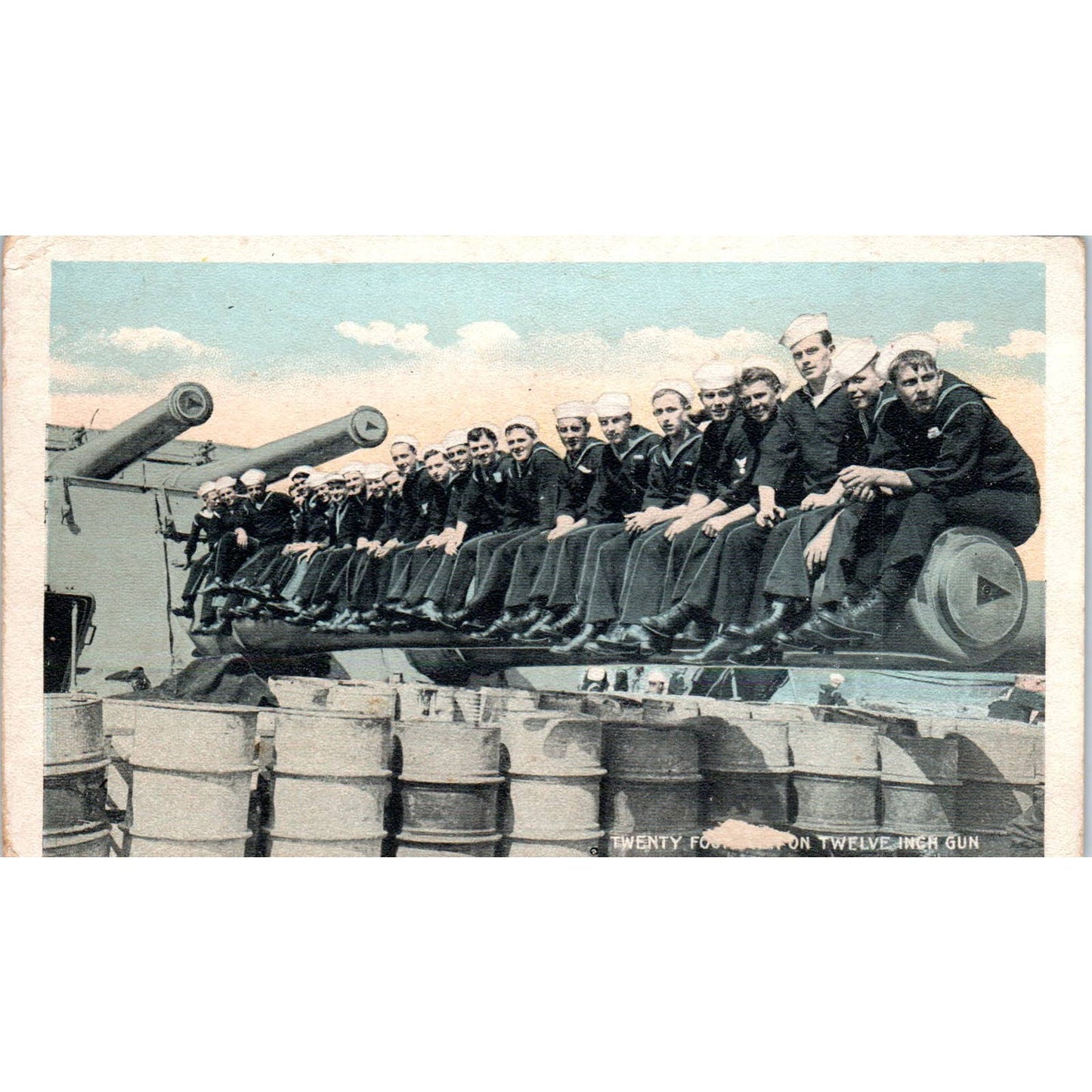 WWII Navy Sailors on 12 Inch Gun - Original Postcard TJ7-RP1