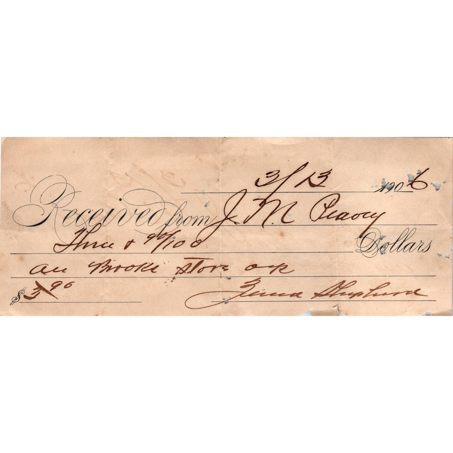 1906 Bank Check J.M. Peavy Covington County AL AD6