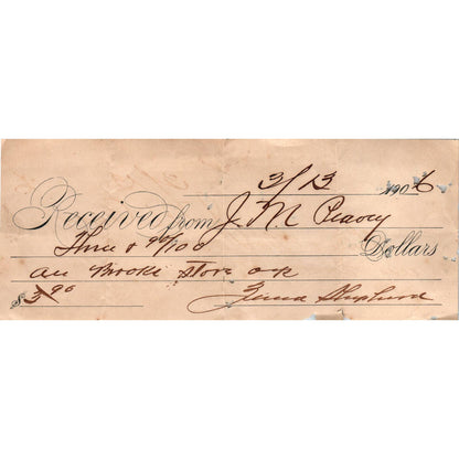 1906 Bank Check J.M. Peavy Covington County AL AD6