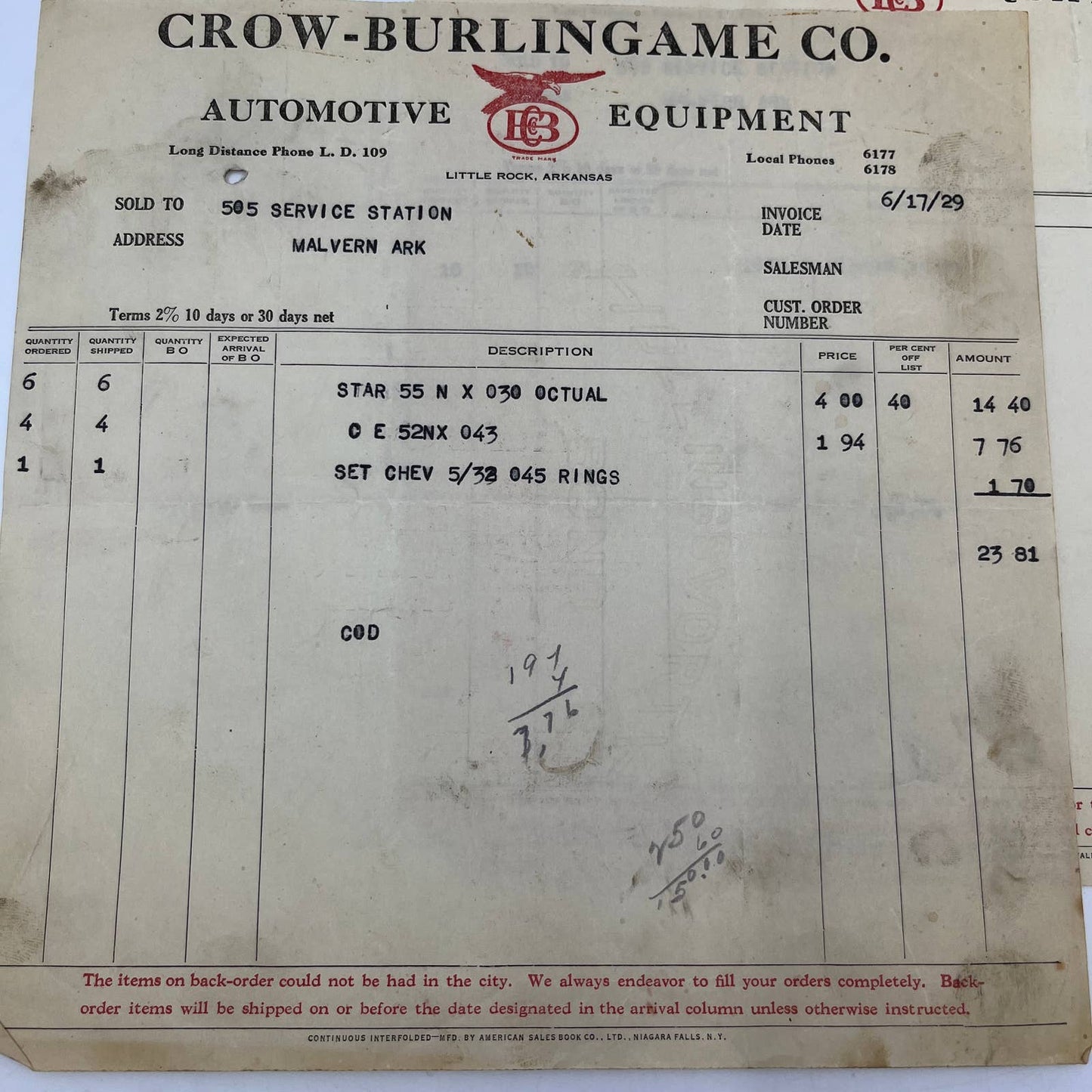 1929 Billhead Crow-Burlington Co. Automotive Equipment Malvern AR Set of 2 AC9