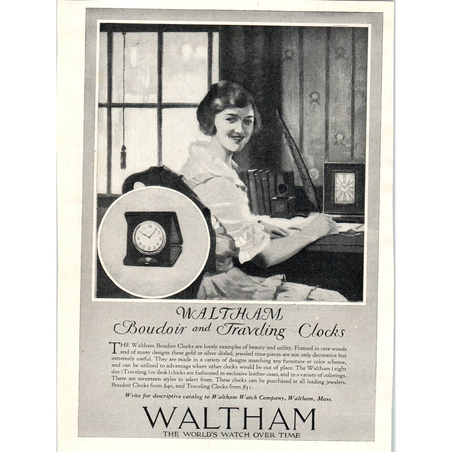 Waltham Boudoir and Traveling Clocks - 1921 Original Ad TJ7-L