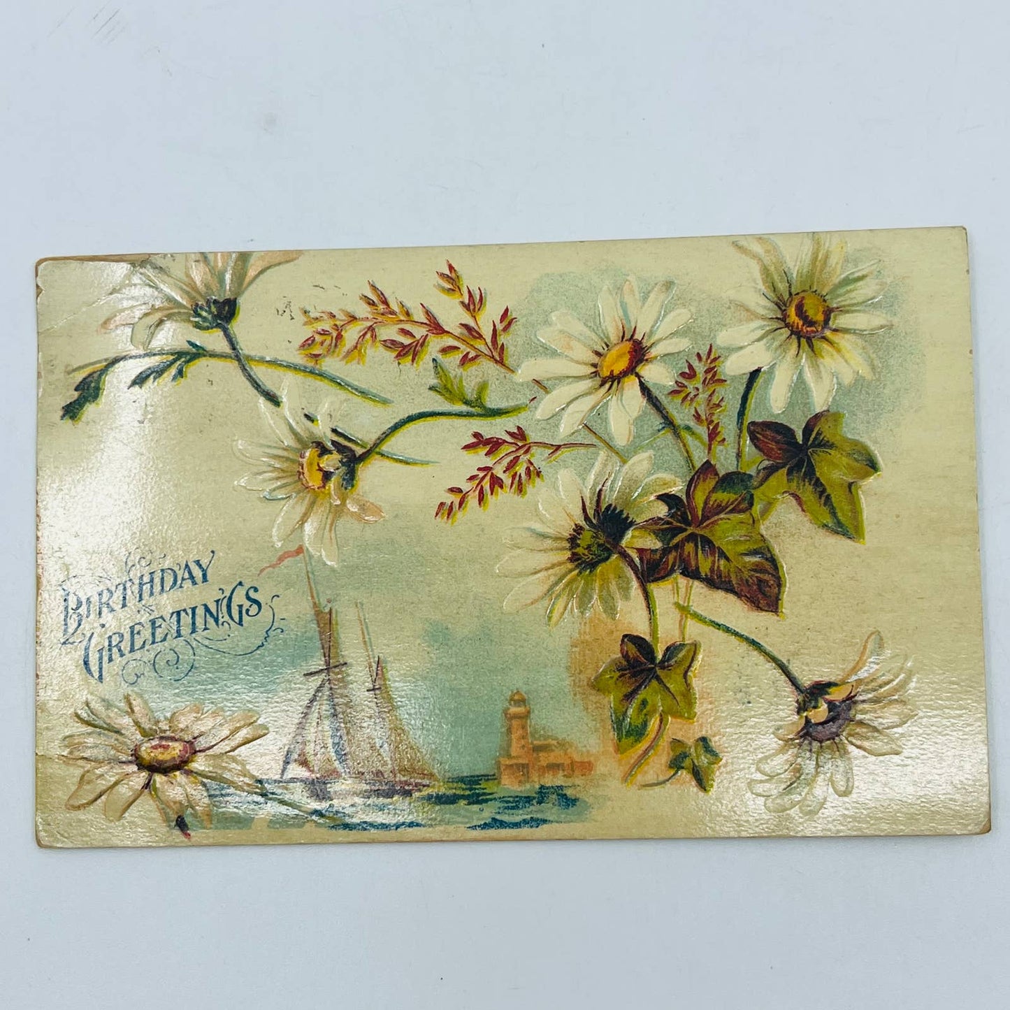 1909 Birthday Post Card Embossed Daisies Sailboat PA5