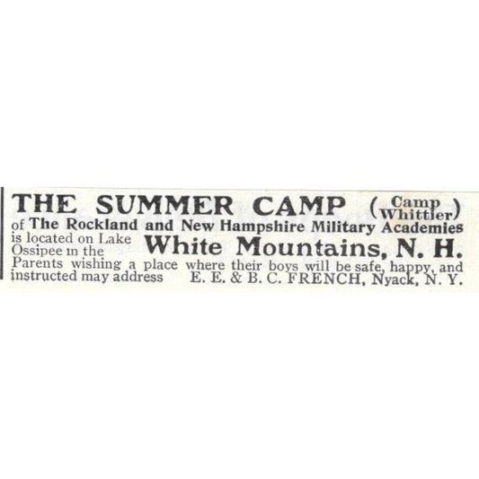 The Summer Camp Whittier Rockland & NH Military Academies - 1903 Ad TJ8-7-5
