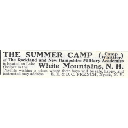 The Summer Camp Whittier Rockland & NH Military Academies - 1903 Ad AK5-S30