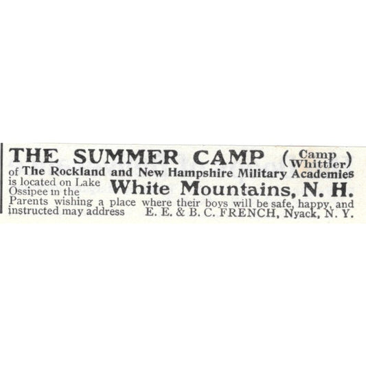 The Summer Camp Whittier Rockland & NH Military Academies - 1903 Ad AK5-S30