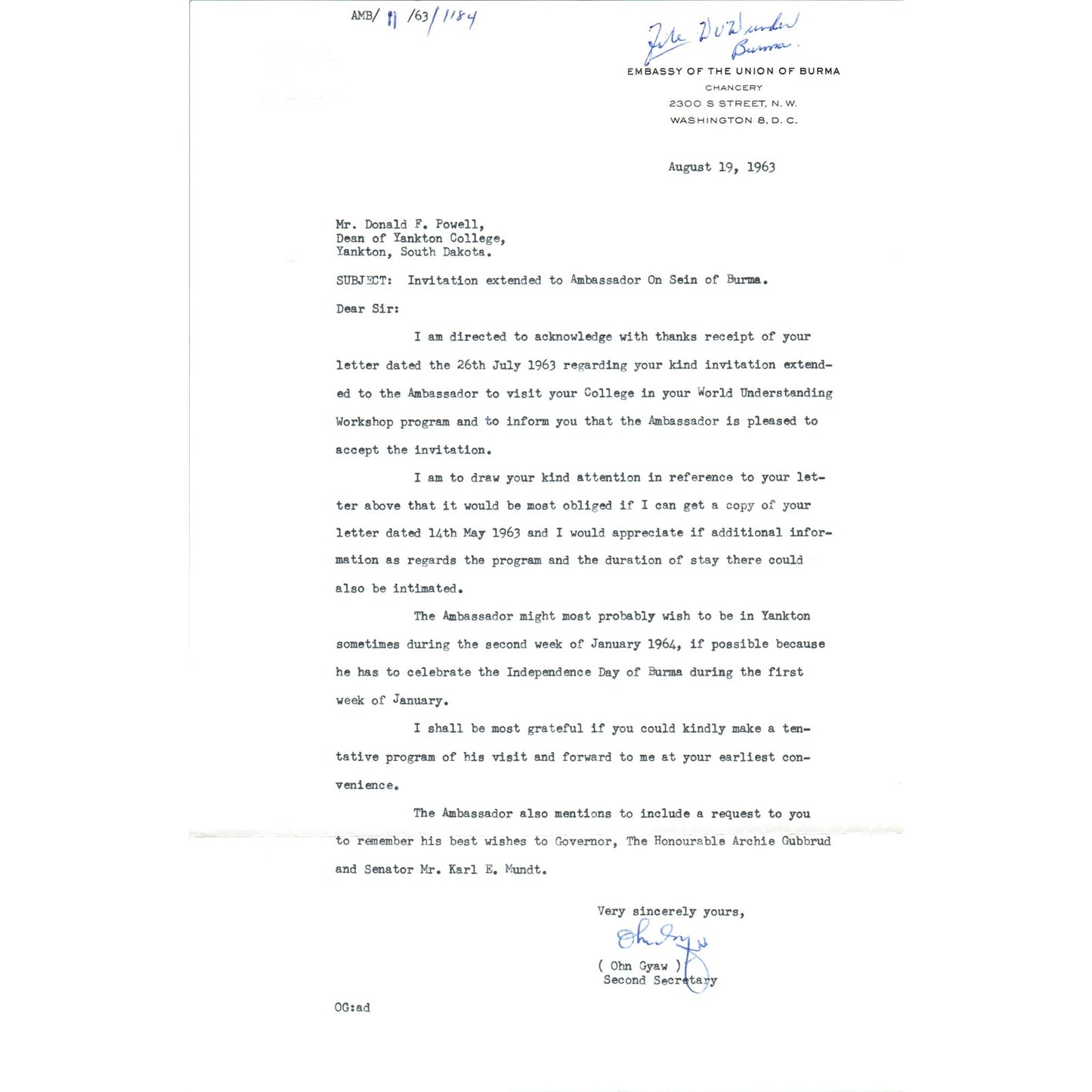 Embassy of The Union of Burma Official Letterhead Memo Ohn Gyaw 1963 B9