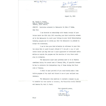 Embassy of The Union of Burma Official Letterhead Memo Ohn Gyaw 1963 B9