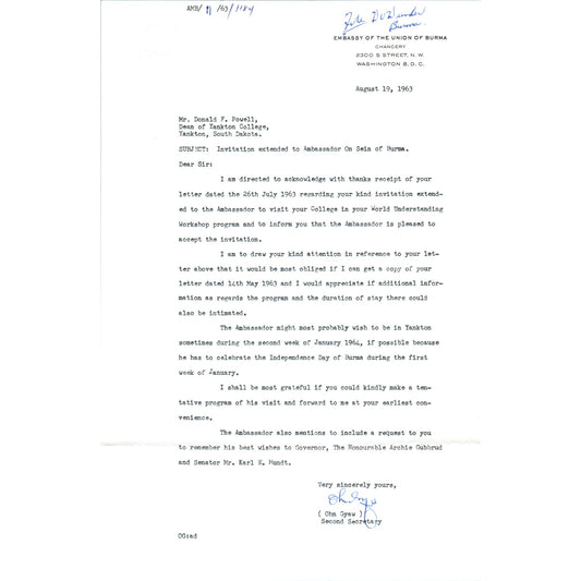 Embassy of The Union of Burma Official Letterhead Memo Ohn Gyaw 1963 B9