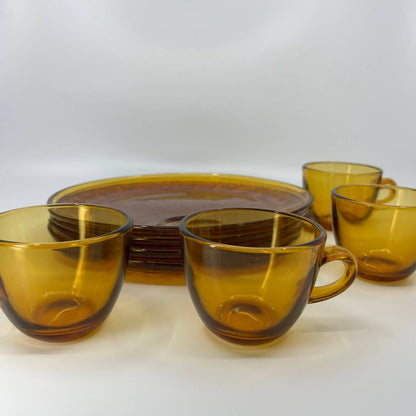 VTG Indiana Glass Golden Honey Amber Sunburst Snack Set 8 Piece Plates Cups TB5