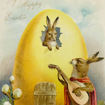 1910s Easter Post Card Raphael Tuck Anthropomorphic Bunny Playing Mandolin PA5