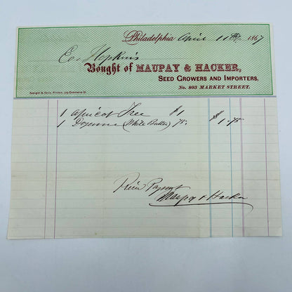 1867 Maupay Hacker Seed Growers Philadelphia PA Billhead Letterhead Receipt AA4