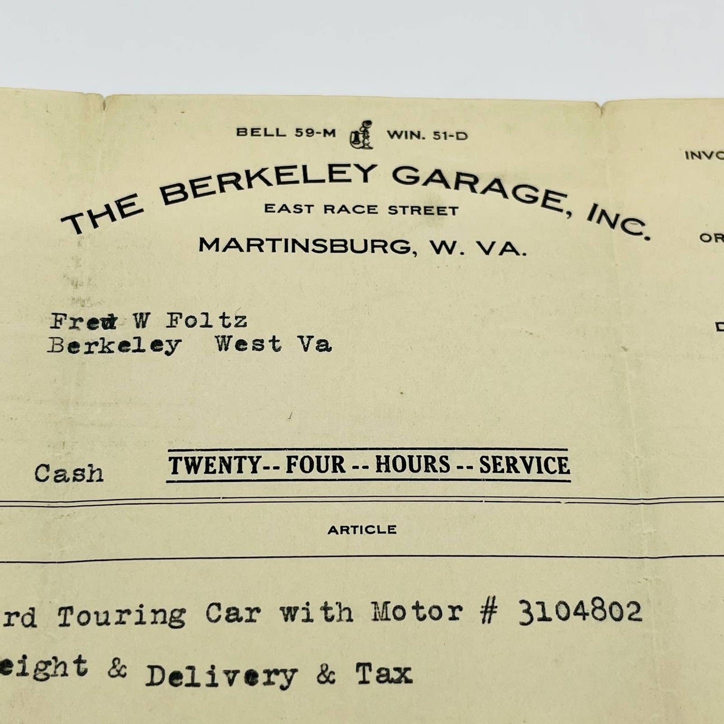 1919 Ford Touring Car Invoice $585 Berkeley Garage Martinsburg West Virginia D1