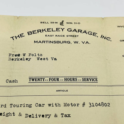1919 Ford Touring Car Invoice $585 Berkeley Garage Martinsburg West Virginia D1
