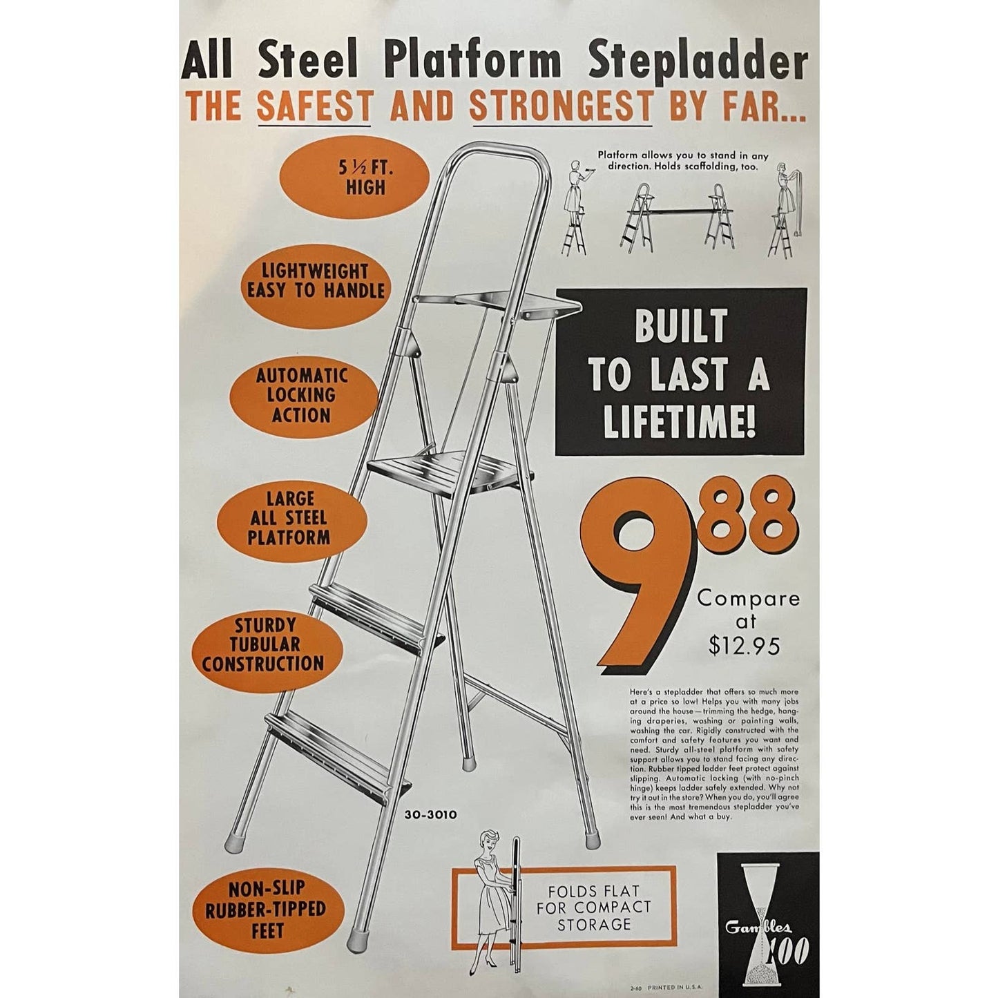 1960 Steel Step Ladder Gambles Retail Store Display Advertising Poster 13.5x20