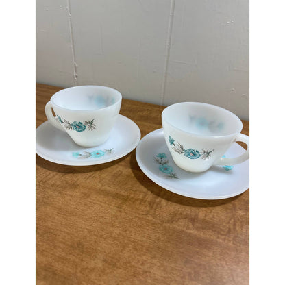 1950s MCM Atomic Fire King Cup Mug Saucer Bonnie Blue Carnation Set of 2 TG8