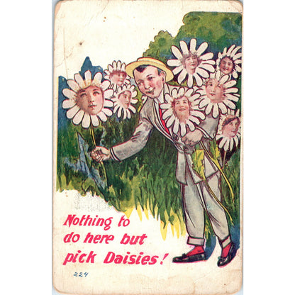 Face in Flower Picking Daisies 1921 Original Postcard P1-12