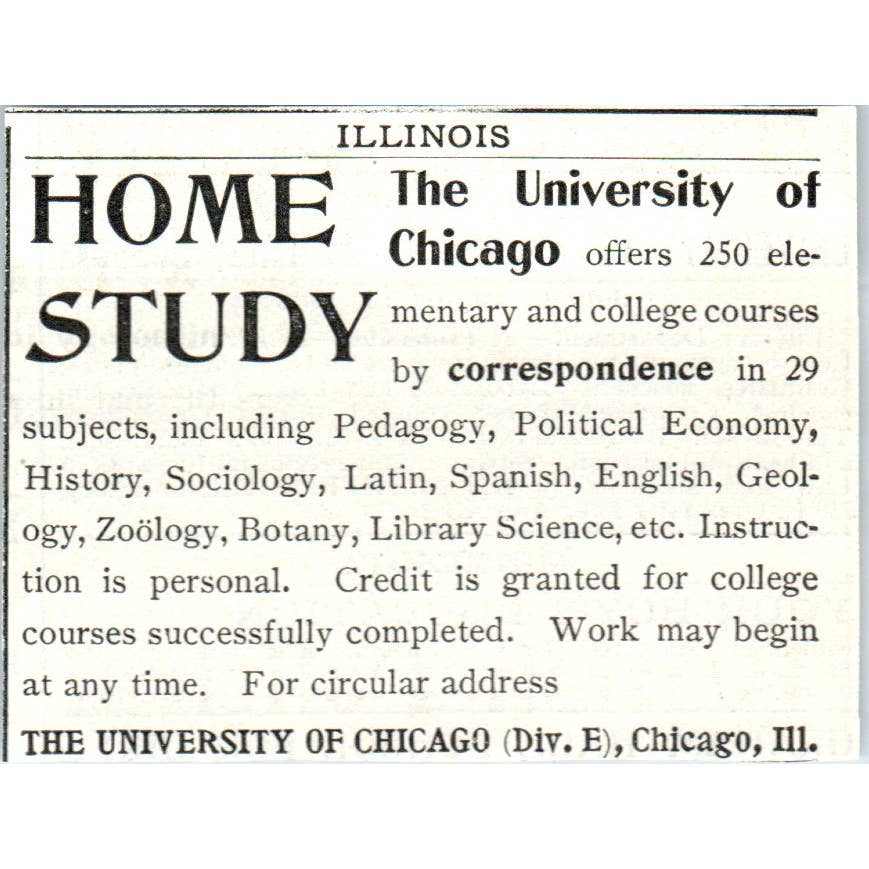 The University of Chicago Home Study Correspondence Course - 1903 Ad TJ7-L