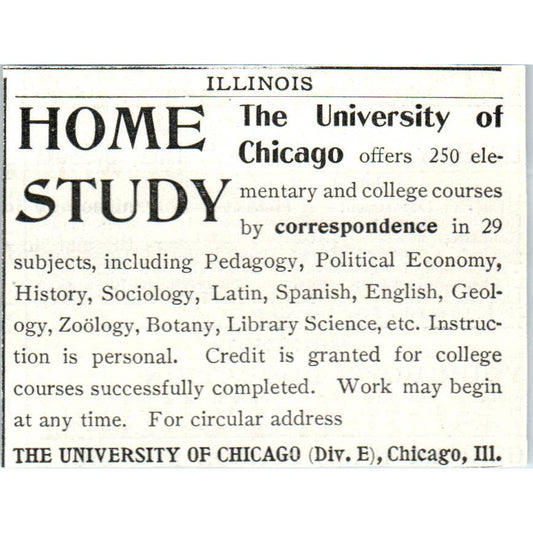 The University of Chicago Home Study Correspondence Course - 1903 Ad TJ7-L