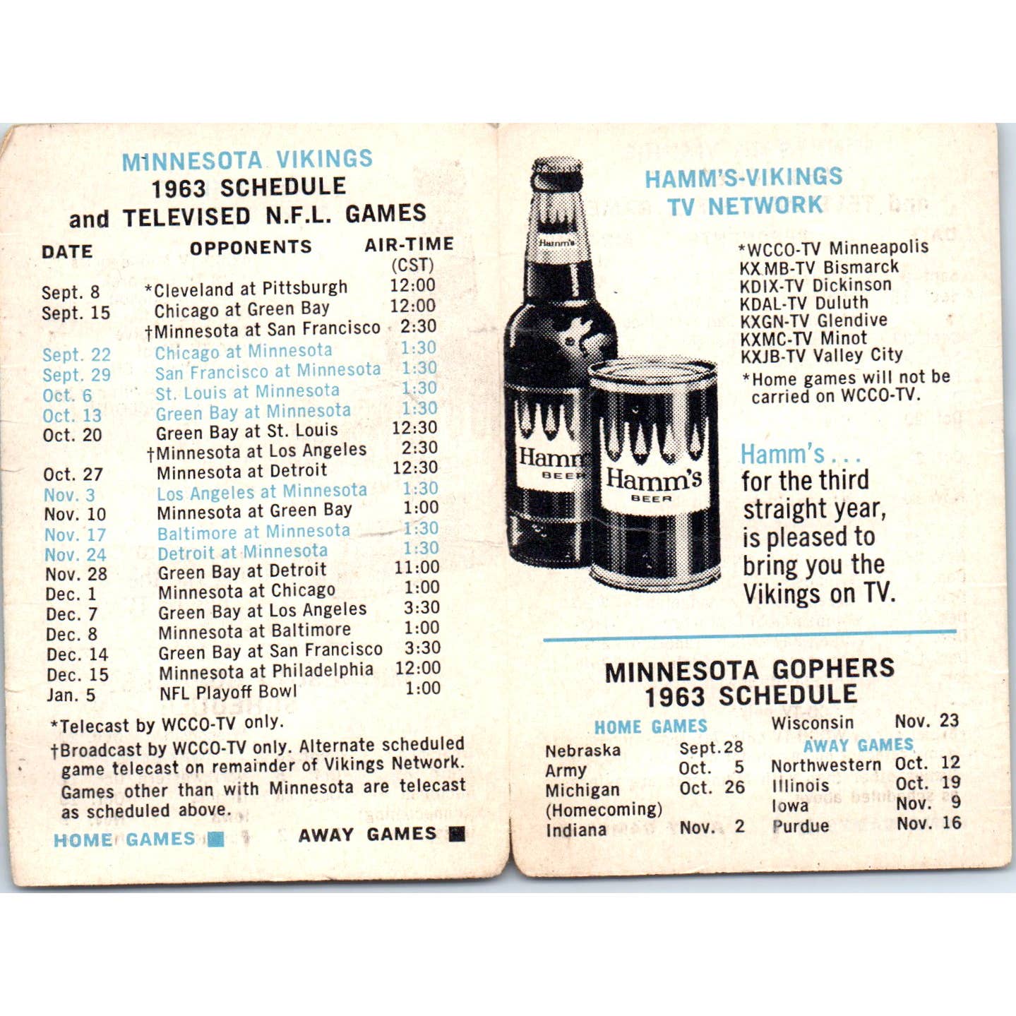 Minnesota Vikings 1963 TV Schedule Brought to you on TV by Hamms TK1-P3