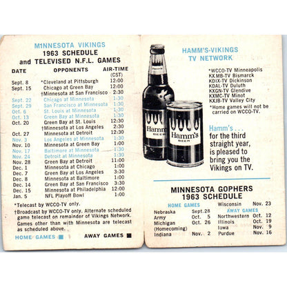 Minnesota Vikings 1963 TV Schedule Brought to you on TV by Hamms TK1-P3