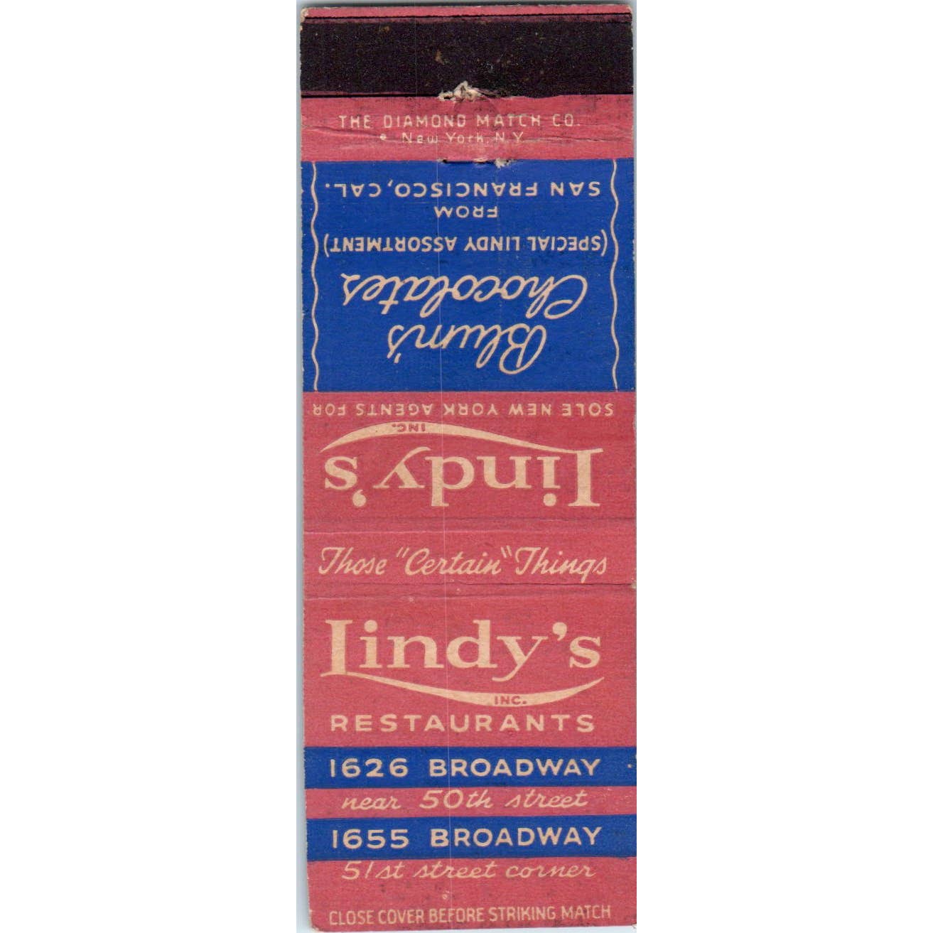 Lindy's Blum's Chocolates San Francisco CA Advertising Matchbook Cover SA1-M8