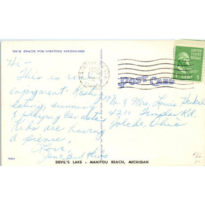 Dog Rope Devil's Lake Manitou Beach Humor Cartoon 1950 Original Postcard P1-15