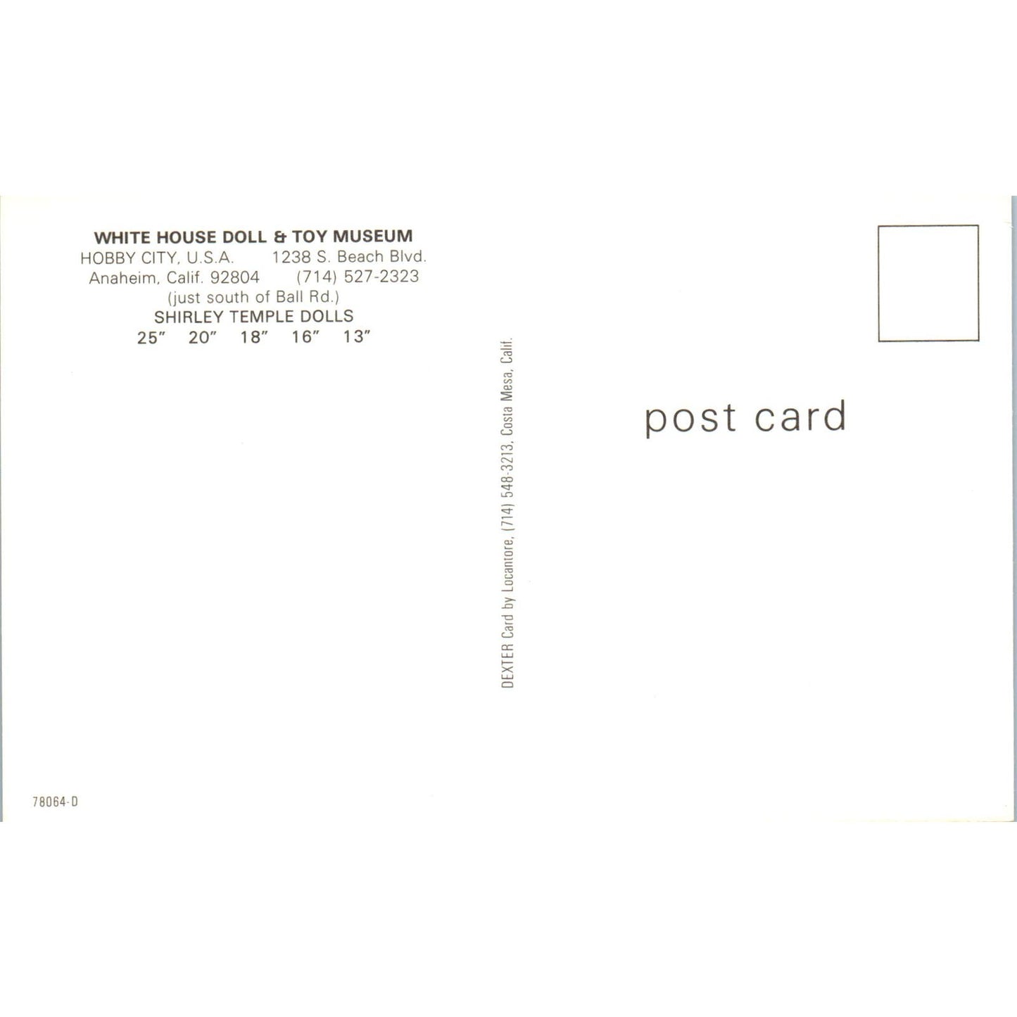 White House Doll & Toy Museum Anaheim Shirley Temple Dolls Original Postcard PB8