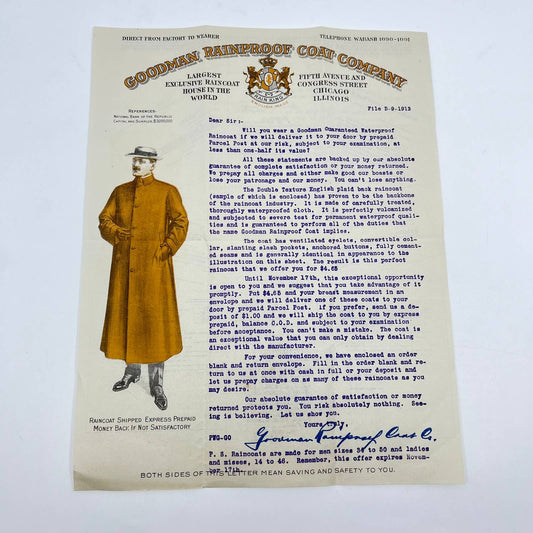 1913 Goodman Rainproof Coat Company Letterhead Advertising D7