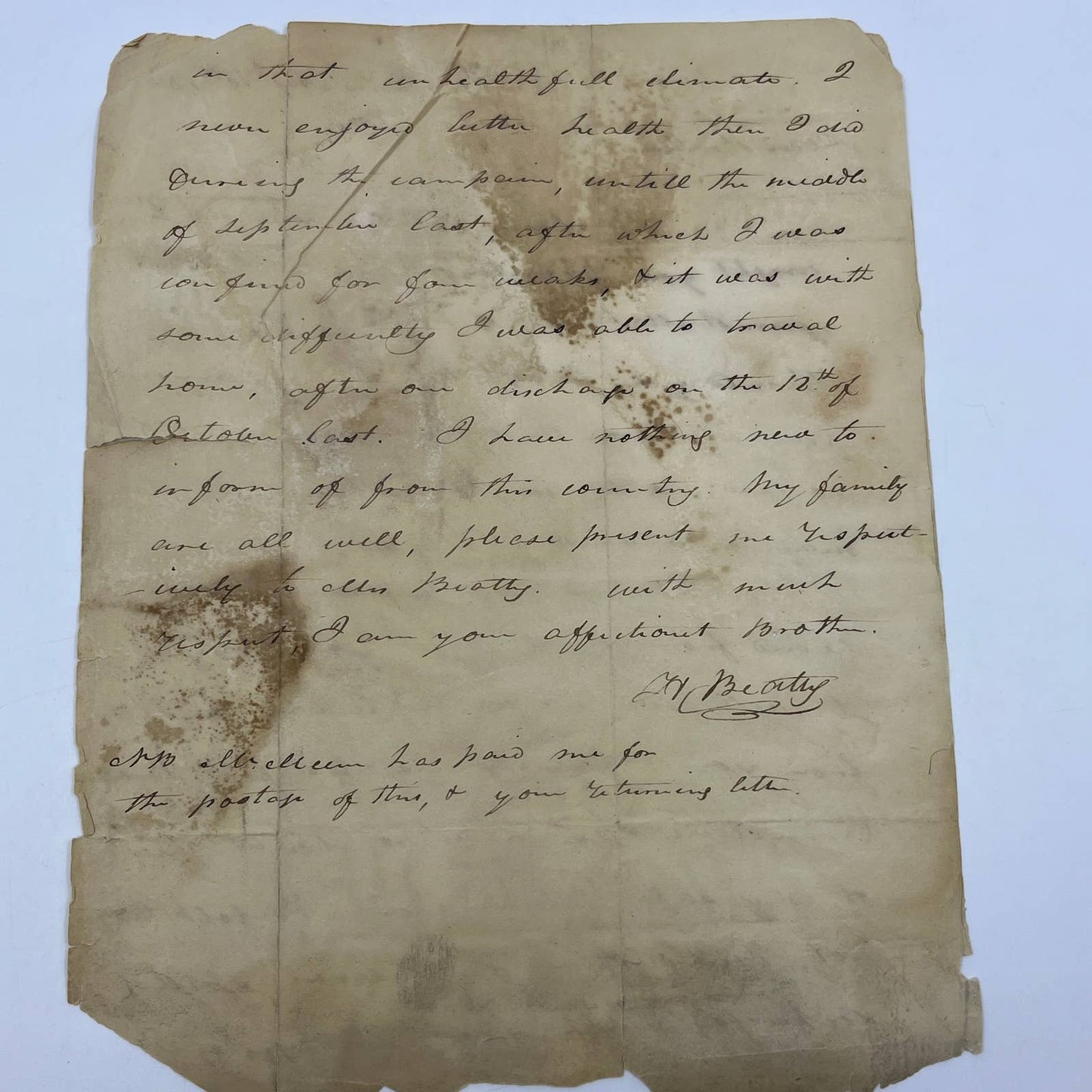 1814 Antique Handwritten Letter from "Beatty" Winchester VA AC9