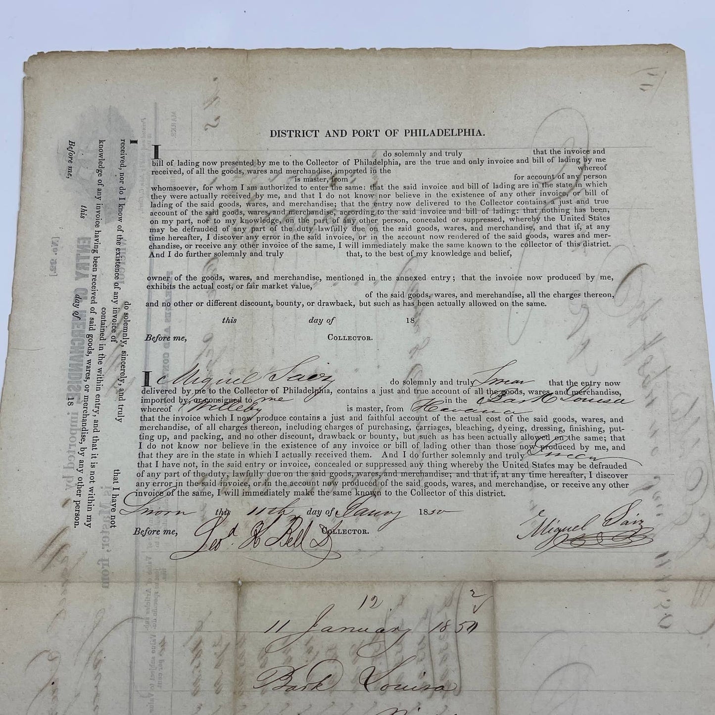 1850 Port of Philadelphia Bill of Lading from Havana Cuba for Cigars AC2