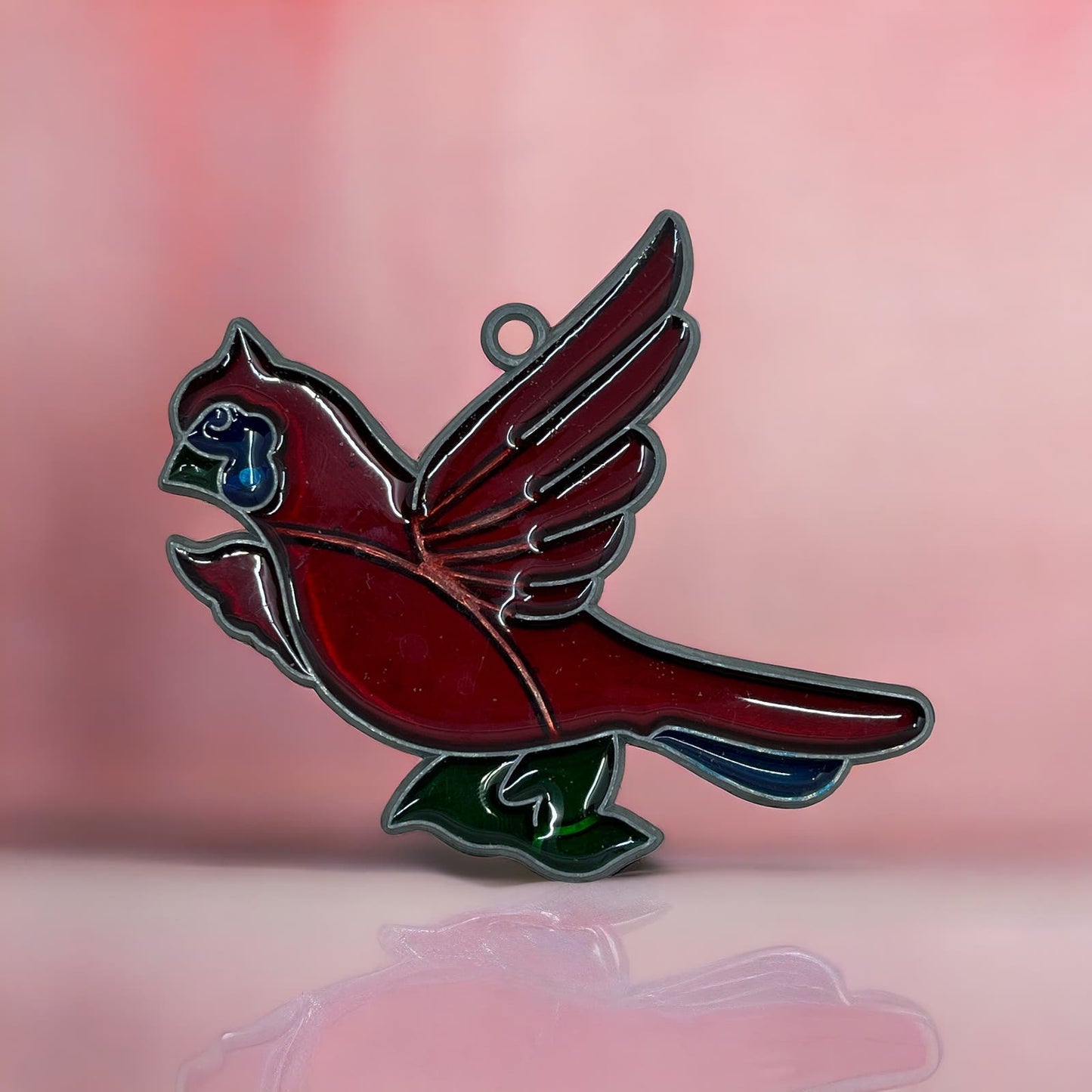 1980s Red Cardinal Bird Stained Glass Suncatcher 3.5” TE5-S1-1