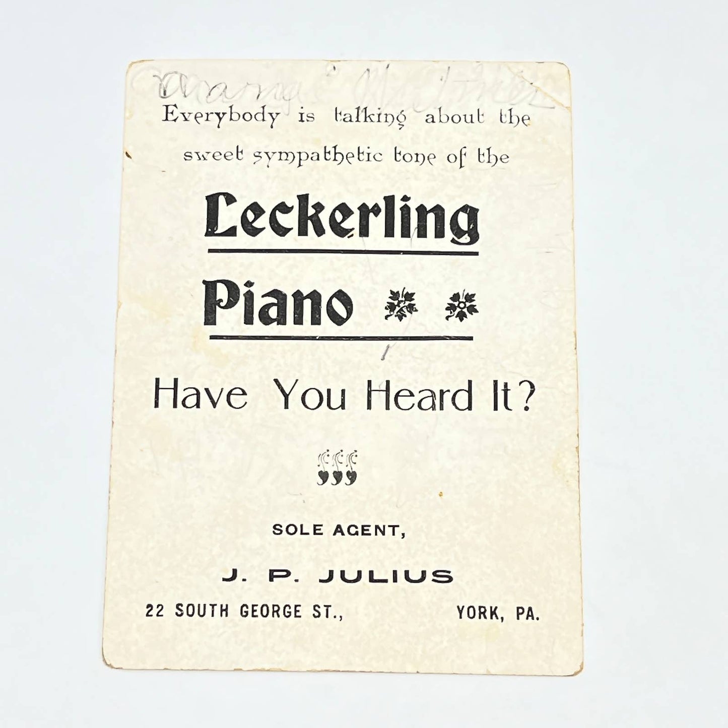 Original 1880s Victorian Trade Card Leckering Piano J.P. Julius York PA AB6