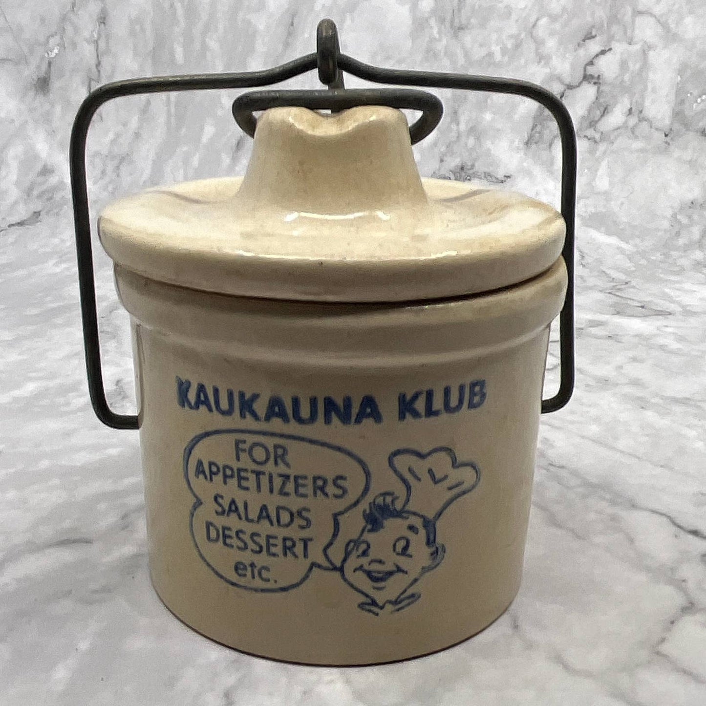 VTG Small Kaukauna Klub Wisconsin Dairy Stoneware Crock 4” Wire Bale Lid TI7