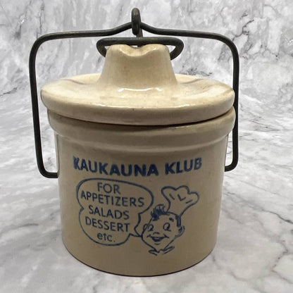 VTG Small Kaukauna Klub Wisconsin Dairy Stoneware Crock 4” Wire Bale Lid TI7