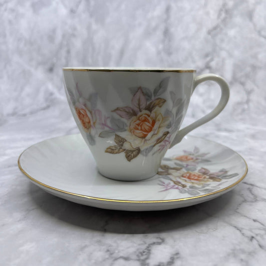 Vintage Fine China Tea Cup and Saucer Set Fluted Orange Roses TA1
