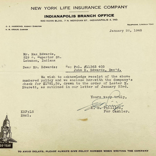 1948 New York Life Insurance Company Letterhead Indianapolis IN Max Edwards AA7